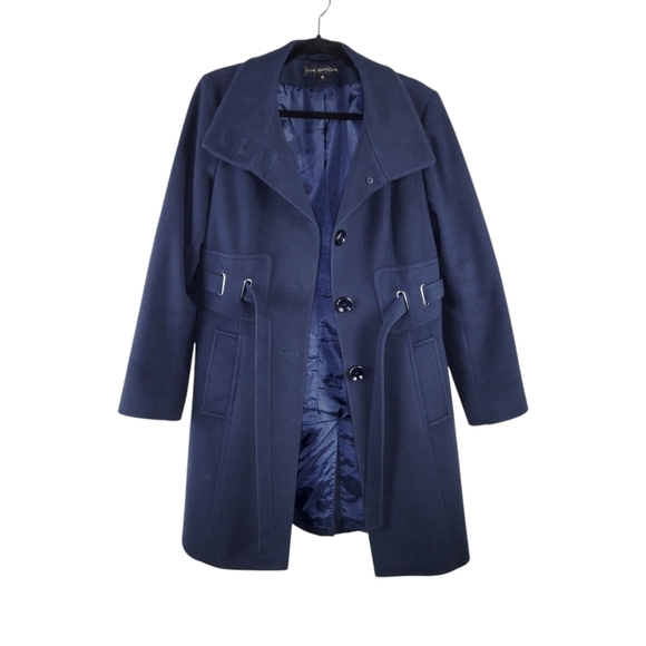Via Spiga Women's Size 10 Navy Blue Felted 100% Wool Button-Up Belted Coat - Picture 1 of 13